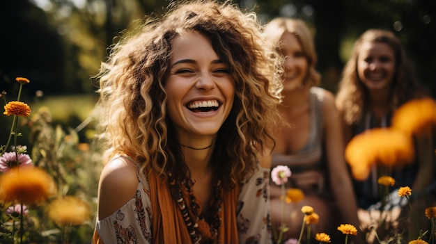 portret van gelukkige jonge vrouwen met vrienden in het park