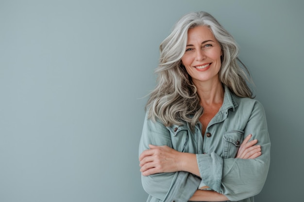 Portret van gelukkige senior vrouw met grijs haar staande tegen een grijze achtergrond