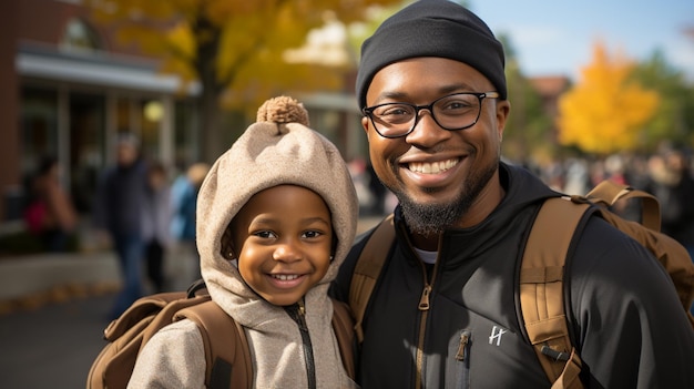 portret van gelukkige vader en zoon die samen wandelen in het park herfsttijd familieconcept