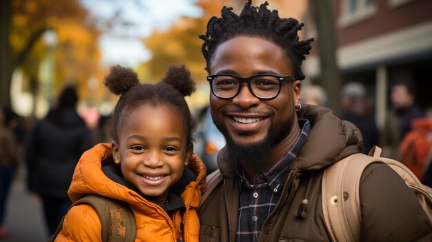 portret van gelukkige vader en zoon die samen wandelen in het park herfsttijd familieconcept