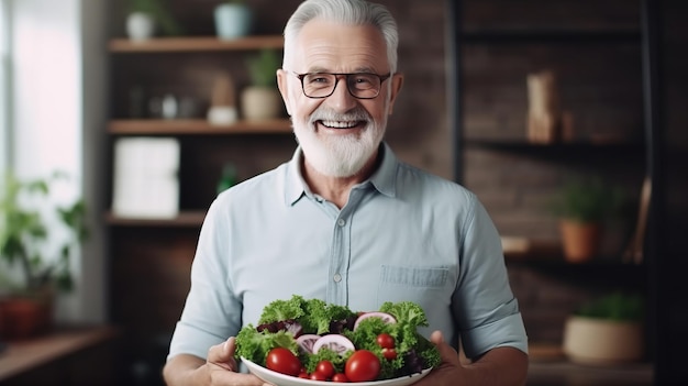 Portret van gepensioneerde volwassen man met schotel van gezonde groentesalade met smileygezicht