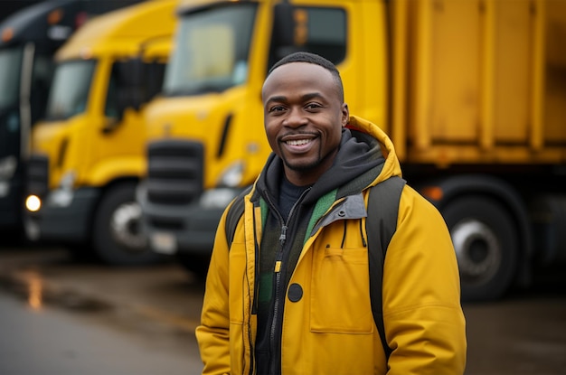Foto portret van glimlachende bezorger die voor een vrachtwagen op de weg staat