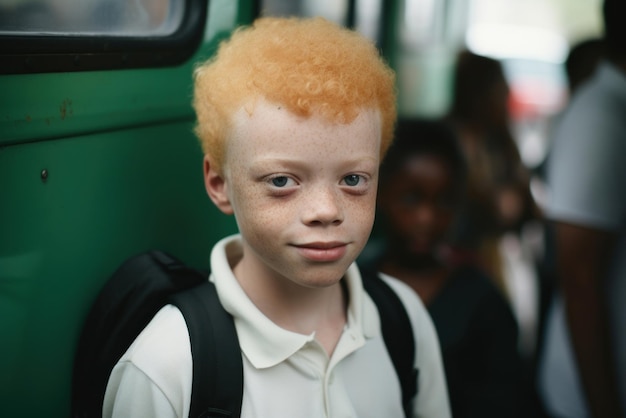 Portret van glimlachende gelukkige multi-etnische basisschooljongen met een rugzak op zijn rug in backg