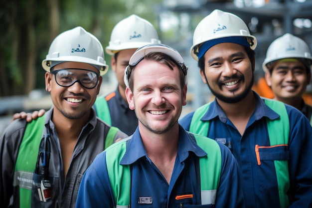 Portret van glimlachende industriële ingenieurs in hardhats