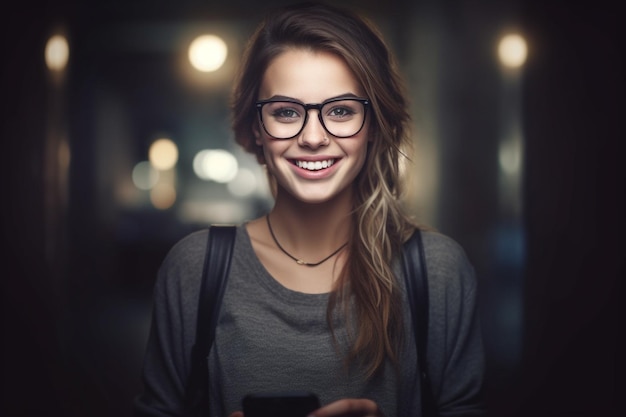 Foto portret van glimlachende jonge onderneemster in oogglazen die smartphone gebruiken