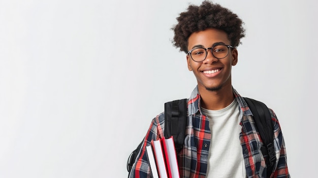 Foto portret van glimlachende jonge universiteitsstudent met boeken en rugzak op een witte achtergrond