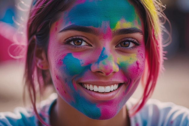 Foto portret van glimlachende jonge vrouw bedekt met holi kleur