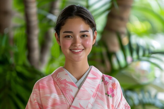 Foto portret van glimlachende jonge vrouw in traditionele roze kimono met natuurlijke achtergrond