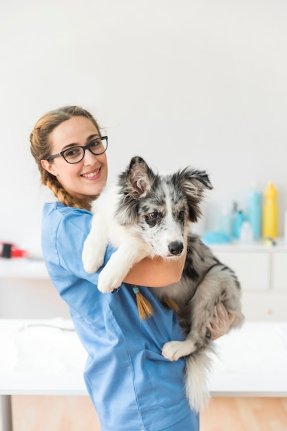 Foto portret van glimlachende jonge vrouwelijke dierenarts die de hond in kliniek vervoeren