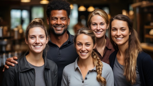 Portret van glimlachende mensen die in een rij staan in een koffieshop Generatieve AI