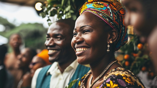 Portret van glimlachende mensen op een Afrikaanse bruiloft