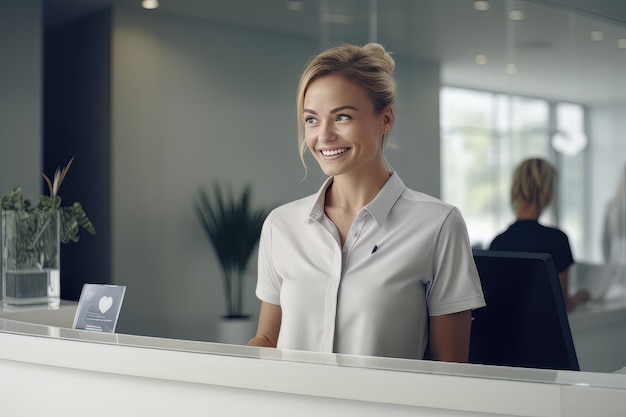 Foto portret van glimlachende receptioniste vrouwelijke begroeting klant gelukkige zakenvrouw receptie in kantoor