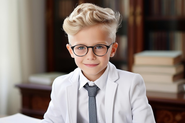 portret van glimlachende schooljongen in een bril die naar de camera kijkt