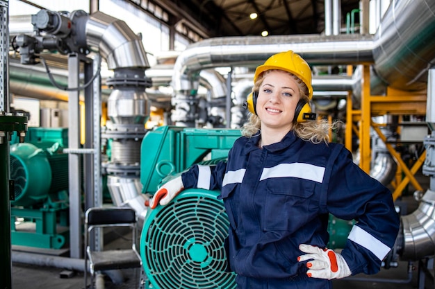 Portret van glimlachende vrouwelijke werknemer die bij dieselgeneratoren in de productiefabriek staat