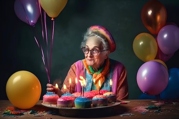 Portret van grootmoeder met verjaardagstaart met veel kleurrijke ballonnen op de achtergrond