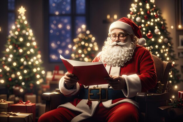 Portret van happy cartoon Santa Claus kerstbrief lezen op cristmass boom achtergrond