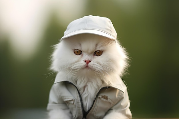 Portret van harige witte kat met jas en hoed in de buitenlucht Ziet er stijlvol en modieus uit