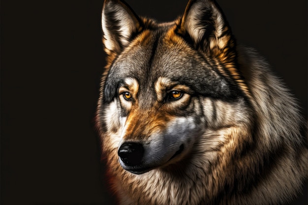 Portret van harige wolf jager wolf hoofd op zwarte achtergrond