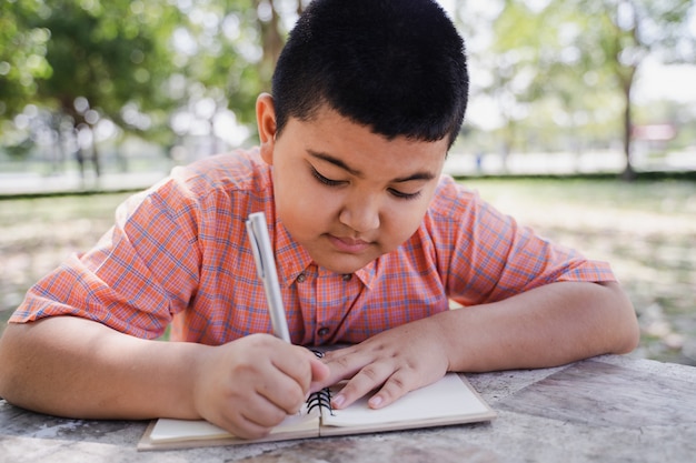 Portret van het Aziatische jongen schrijven in agenda in het groene park openlucht