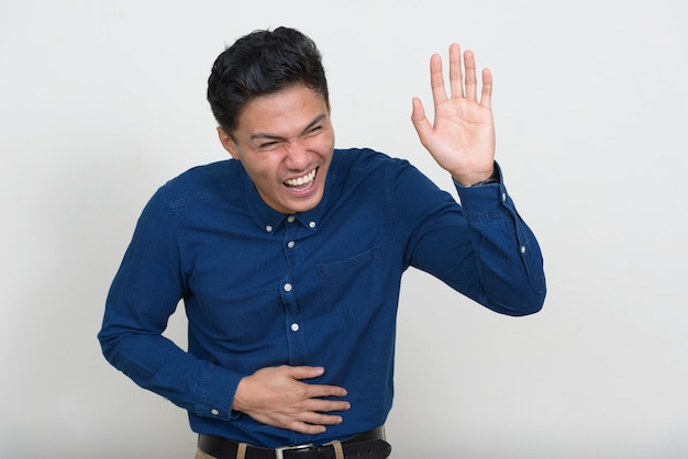 Portret van het gelukkige knappe Aziatische zakenman glimlachen