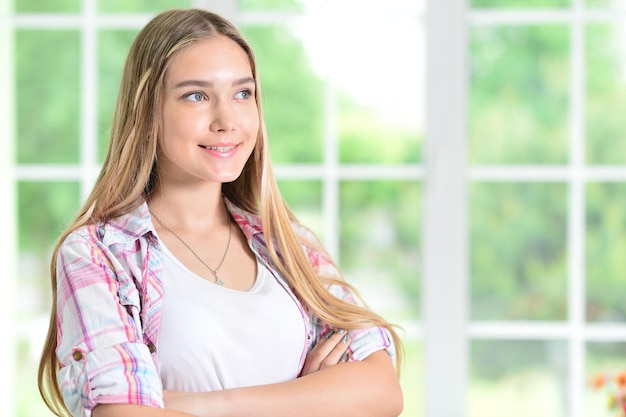 Portret van het mooie jonge vrouw stellen