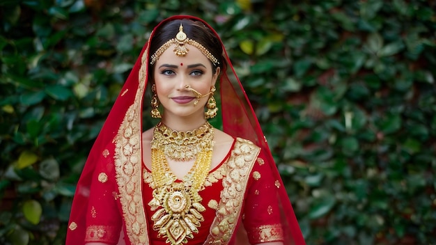 Portret van hindoe bruid in traditionele rode sari met gouden acce