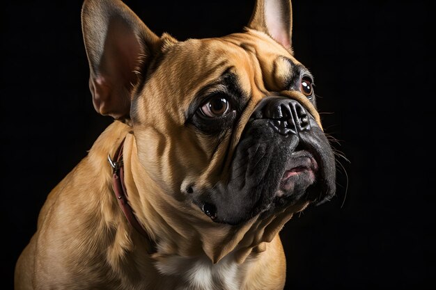 Portret van hond franse bulldog op zwarte achtergrond Neuraal netwerk AI gegenereerd