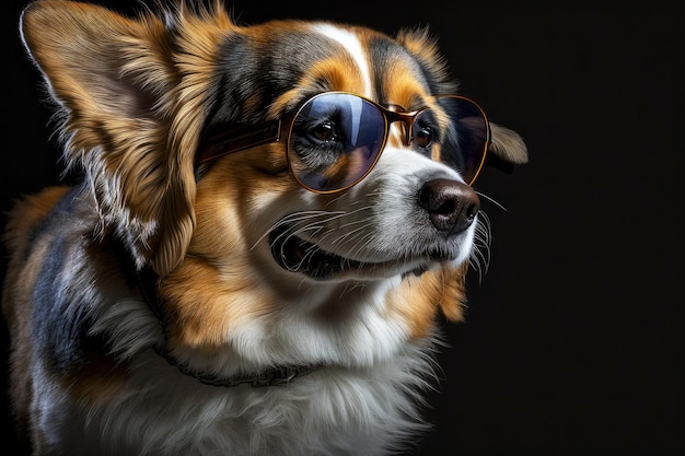 Portret van hond met zonnebril op een donkere achtergrond generatieve ai illustratie