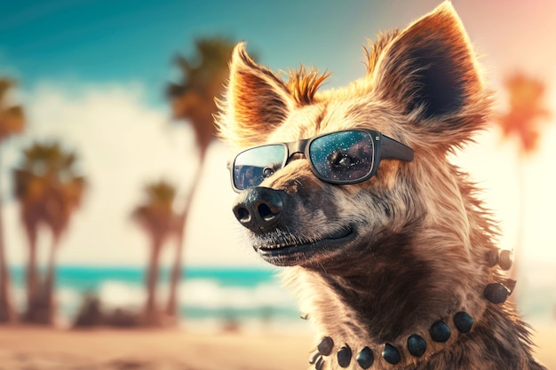 Portret van hyena in zonnebril op een onscherpe achtergrond van palmbomen en het strand generatieve ai