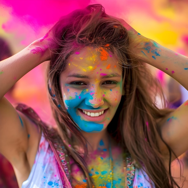 Foto portret van indiase vrouw met gekleurd poeder gezicht en viert een gelukkig holi feest