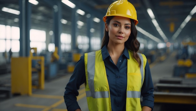 Foto portret van industrie onderhoud ingenieur jonge vrouw in uniform en veiligheid harde hoed op factory