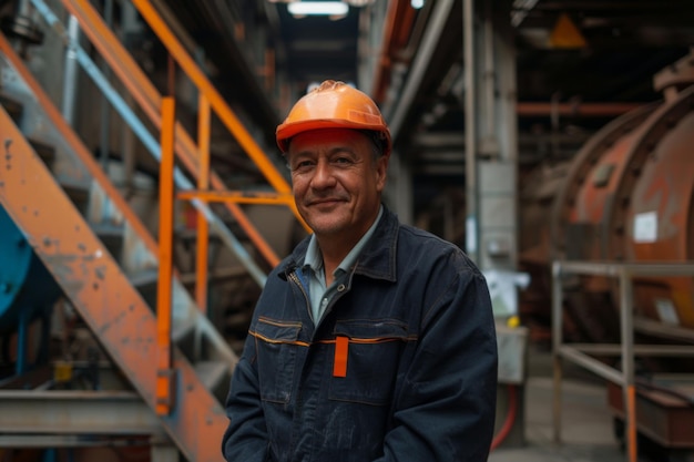 Portret van industriële onderhoudsingenieur man in uniform en veiligheidshut op fabrieksstation