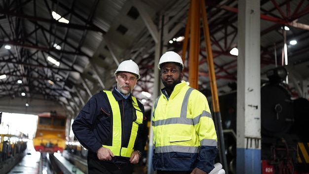 Portret van ingenieur en leerling in werkplaats van spoorwegtechnische faciliteit