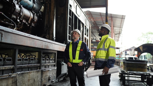 Portret van ingenieur en leerling in werkplaats van spoorwegtechnische faciliteit