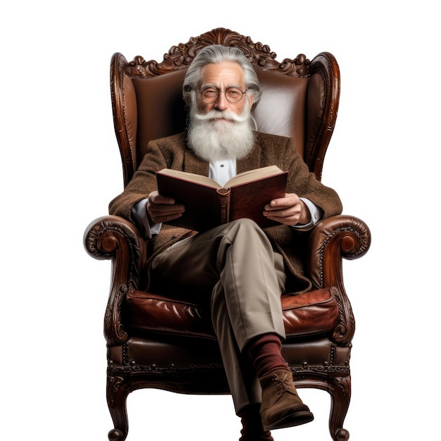 Portret van intelligente oude man met lange grijze baard die een oud groot boek vasthoudt illustratie van oude wijsheid