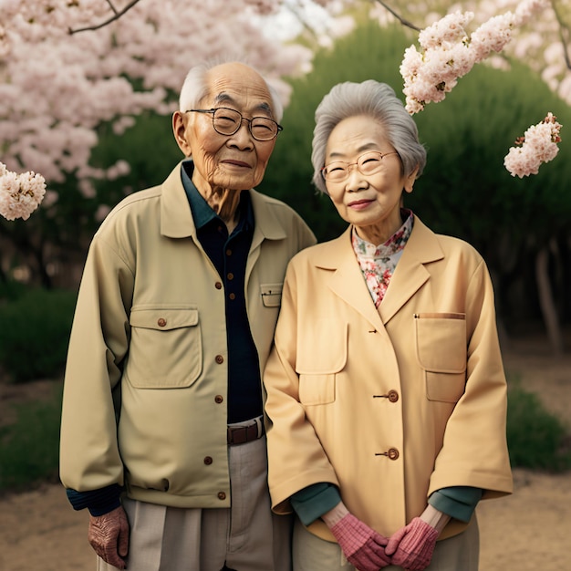 Portret van Japans hoger paar bij park in de lente Generatieve AI illustratie