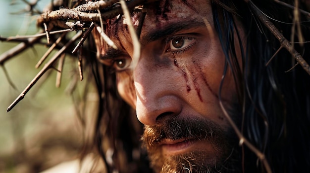 Foto portret van jezus christus in een doornenkroon selectieve focus