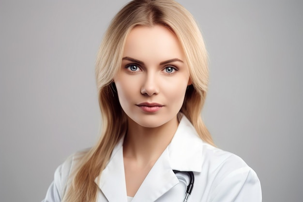 portret van jonge doktersvrouw met stethoscoop over geïsoleerde grijze achtergrond generatieve AI