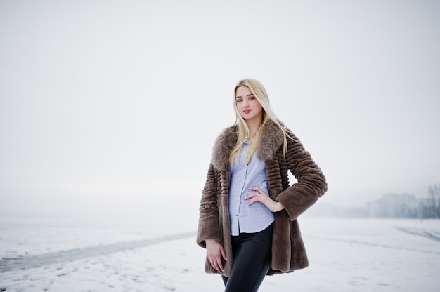 Portret van jonge elegantie blondevrouw in een bontjas, mistige rivier op de winterijs.