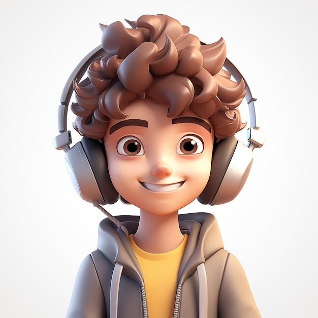 Foto portret van jonge jongen die naar muziek luistert in koptelefoon 3d mannelijke personage avatar geïsoleerd op wit