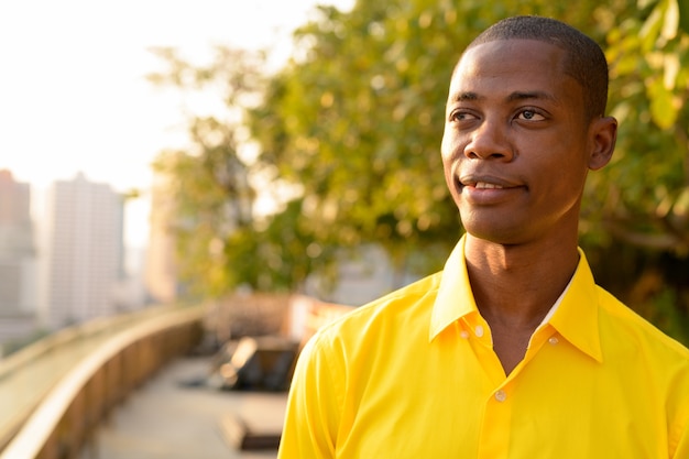 Portret van jonge knappe kale Afrikaanse zakenman op het dakterras