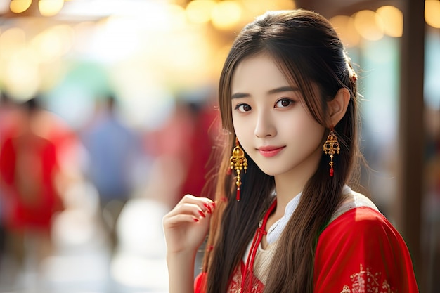 Portret van jonge mooie Chinese Aziatische vrouw met rode traditionele Chinese jurk Generatieve Ai