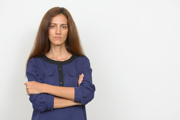 Portret van jonge mooie onderneemster met bruin haar