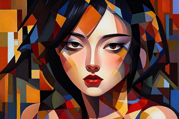 Portret van jonge mooie vrouw met abstracte kleurrijke achtergrond Digitaal schilderen