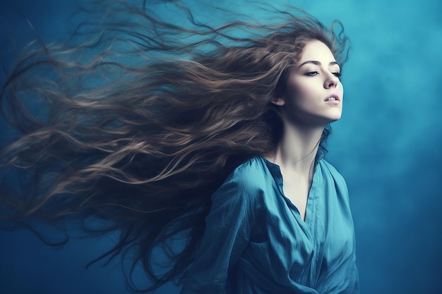 Portret van jonge sensuele vrouw met wind in lang haar op blauwe studio achtergrond generatieve AI