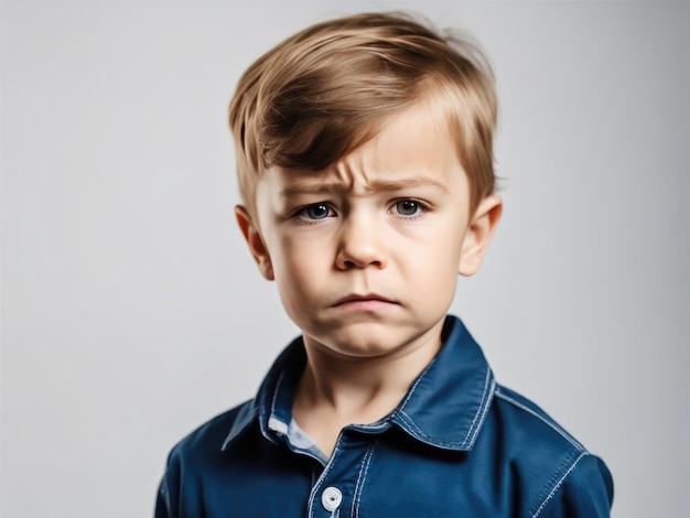 Portret van jonge trieste beledigde kreten jongen kind kind op witte studio achtergrond