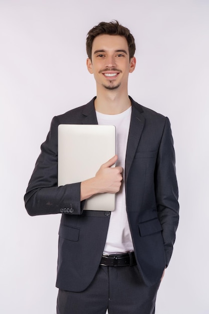 Portret van jonge zakenman gelukkige positieve glimlach met laptop geïsoleerd op witte achtergrond