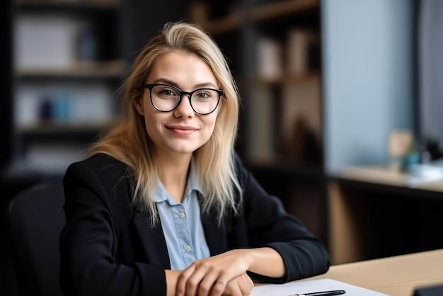 Portret van jonge zakenvrouw in brillen zittend aan een bureau in kantoor Generatieve AI