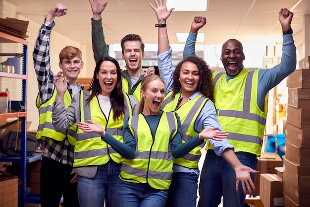 Foto portret van juichend multicultureel team dat hivis-veiligheidskleding draagt in een modern magazijn