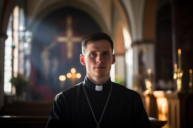 Portret van katholieke priester in de kerk Generatieve AI